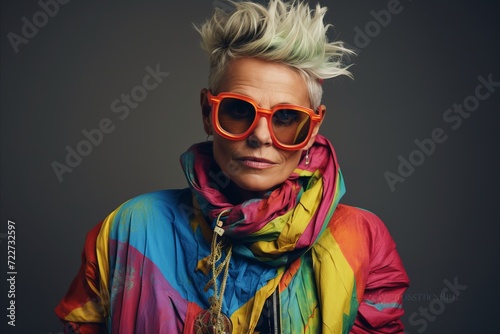 Fashion portrait of stylish senior woman in colorful clothes and sunglasses.