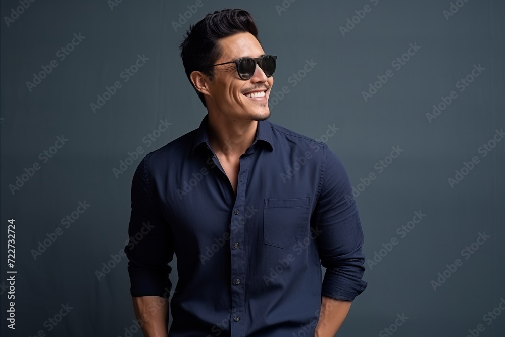 Portrait of a handsome young asian man in sunglasses smiling while standing against grey background Portrait of a handsome young asian man in sunglasses smiling while standing against grey background