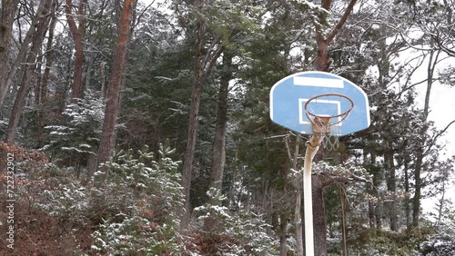 Basketball stand with winter snow in Takayama, Gifu, Japan photo