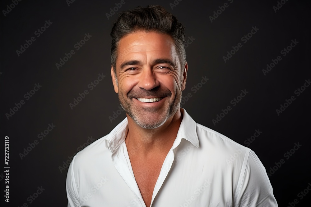Handsome middle-aged man in white shirt on dark background Handsome middle-aged man in white shirt on dark background
