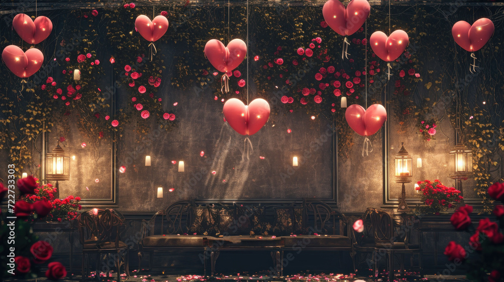 Obraz premium a room filled with lots of red balloons floating in the air next to a table with candles and flowers on it.