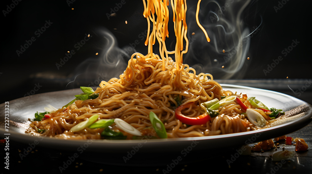 Traditional Asian fried noodles are served in popular restaurants, food, cuisine, restaurant, cooking, culture, tradition, Asia, noodles, green onions, fast food, AI-generated. - obrazy, fototapety, plakaty 