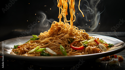 Traditional Asian fried noodles are served in popular restaurants, food, cuisine, restaurant, cooking, culture, tradition, Asia, noodles, green onions, fast food, AI-generated.