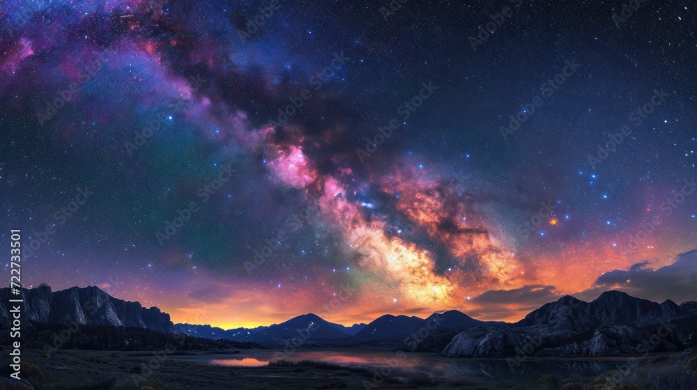  a night sky filled with lots of stars and a purple and blue star filled sky with mountains in the background.