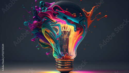 Creative light bulb explodes with colorful paint and colors , Hyper realistic, wallpaper, background , Uhd, 32k, sharp image, hyper realistic wallpaper, octane render, Ai generated image photo
