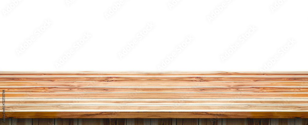 Empty teak wood counter tabletop for product display presentation isolated on transparent background, png file
