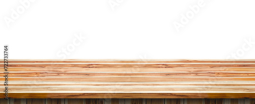 Empty teak wood counter tabletop for product display presentation isolated on transparent background, png file