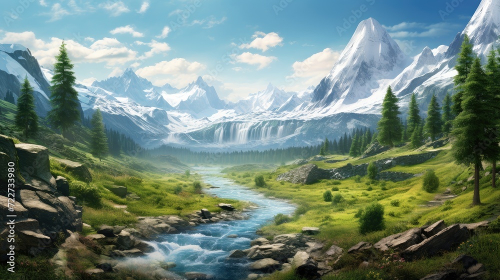 Fantastic mountain landscape with a river. Generative AI Fantastic mountain landscape with a river. Generative AI