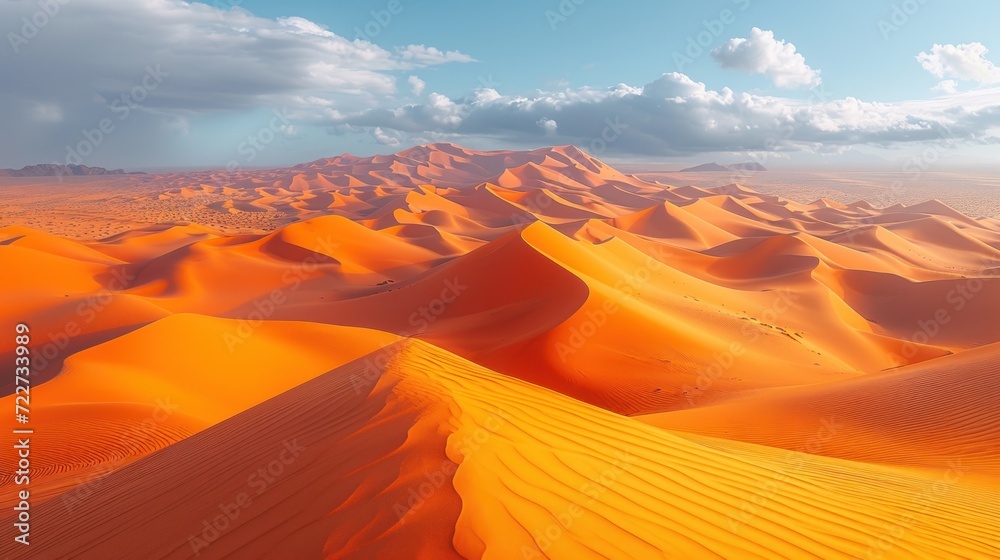  a group of sand dunes in the desert under a blue sky with wispy white clouds in the distance.