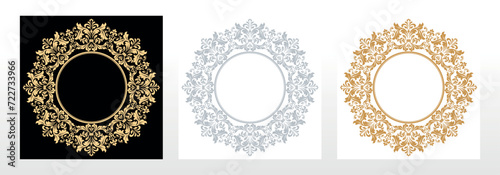 Set of decorative frames Elegant vector element for design in Eastern style, place for text. Floral black, gold and gray borders. Lace illustration for invitations and greeting cards