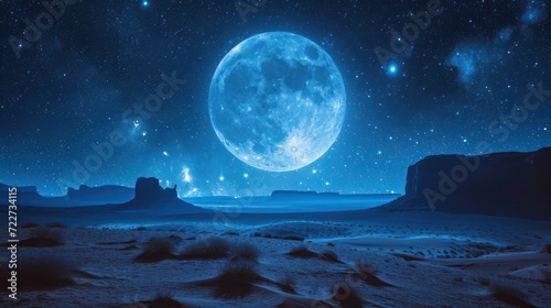  a large blue moon in the middle of a night sky with a mountain range in the distance and stars in the sky.