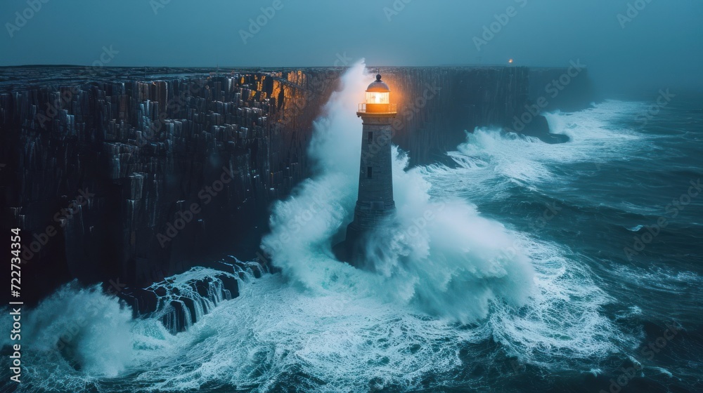  a lighthouse in the middle of a large body of water with waves crashing against it and a light at the end of the pier.