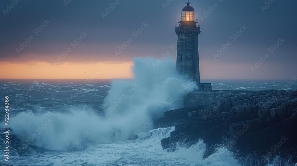  a lighthouse in the middle of a body of water with waves crashing against it and a light house in the background.