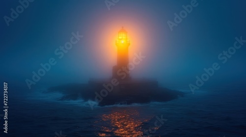  a lighthouse on a small island in the middle of a body of water with a light on top of it.