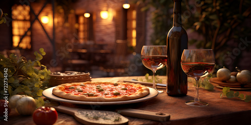 Romantic candlelit dinner for two with a heart shaped pizza and glasses of wine AI Generative 
 photo
