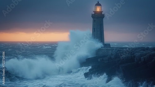  a lighthouse in the middle of a body of water with waves crashing against it and a light house in the background.