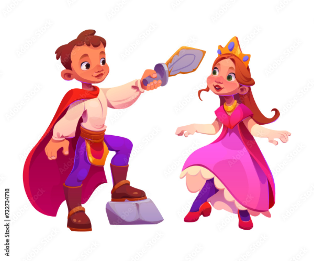 Obraz premium Kids in carnival costume. Cartoon vector cute children dressed in fairytale clothes. Little girl princess in pink puffy dress, red shoes and golden crown on head. Boy knight with sword and cloak.