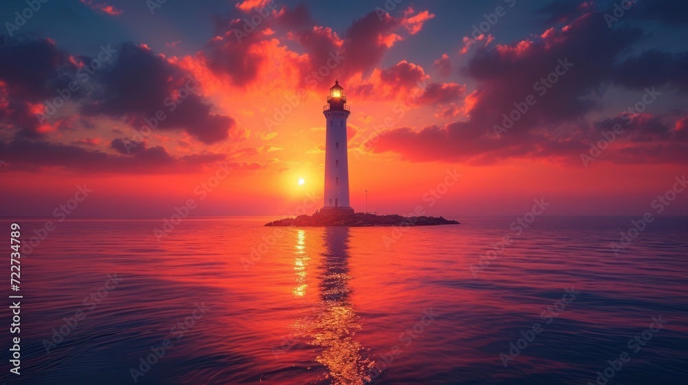 a lighthouse sitting on top of a small island in the middle of a body of water with a sunset in the background. a lighthouse sitting on top of a small island in the middle of a body of water with a sunset in the background.