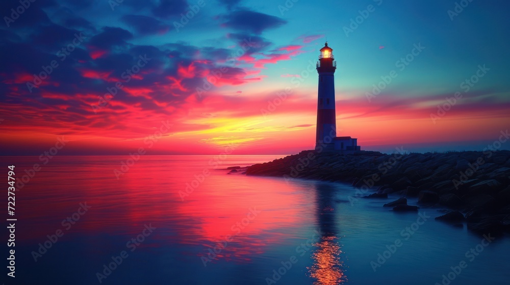  a lighthouse sitting on the edge of a body of water with a red and blue sky in the back ground.