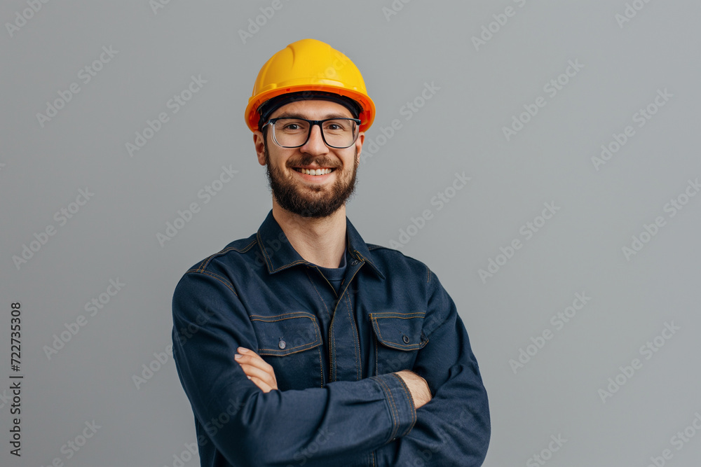 Confident male engineer worker happy smile on gray background