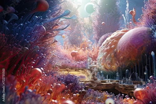 A microscopic view of a surreal technicolor world generative ai