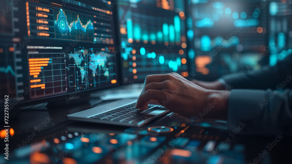 Data science, business intelligence. man using computer devices with internet global network technology and big data, cloud computing, AI software development, digital technology