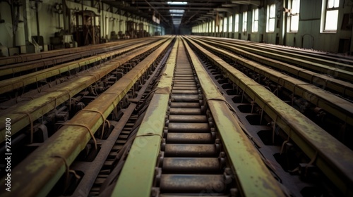 An old conveyor belt at an abandoned factory. Bankruptcy, production crisis.