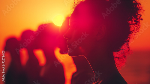 silhouette of a person in a red background at sunset, International woman day concept photo
