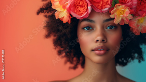 portrait of a woman with flowers, International woman day concept
