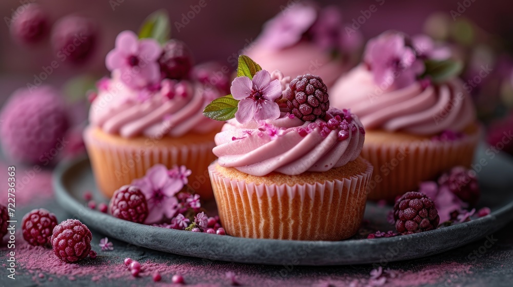  three cupcakes with pink frosting and raspberries on a plate with pink sprinkles.