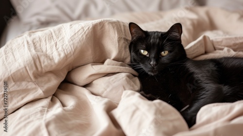  a black cat laying on top of a bed on top of a white comforter on top of a bed.