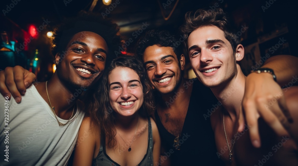 Fototapeta premium Friends of different nationalities take selfies at a party. Friendship and relationships.