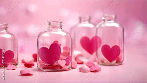 Red and pink heart shape in glass bottle and love greeting card