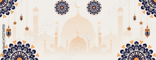 islamic background with mandala, lanterns, stars and mosque. great for ramadan kareem banner, eid mubarak banner, and other Islamic celebrations. vector illustration