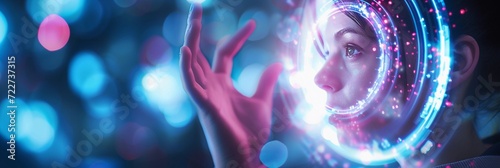 Futuristic Holographic, Illustrate a person interacting with a holographic interface, background image, generative AI photo