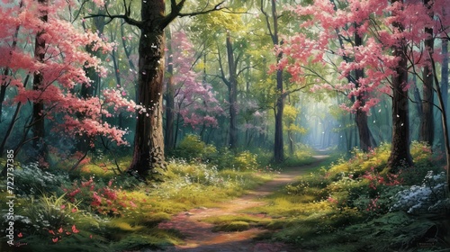  a painting of a path in the middle of a forest with trees and flowers on both sides of the path. © Olga