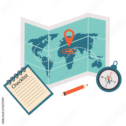 Map and compass with a pen and a checkpoint icon on it. Vector illustration in flat style, concept of travel, packing for a hike.