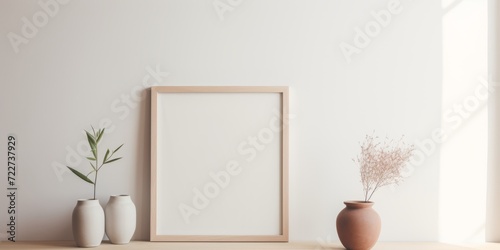 A blank mockup for customization, placed on a wooden table, accompanied by small plants, positioned by the window.