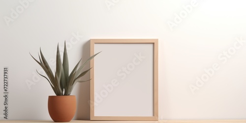 On a wooden table, there's a blank mockup with a wood frame, accompanied by a green plant, creating a refreshing scene against a clean white wall and providing space for customization.