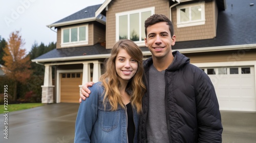 A young married couple in front of their new home. Mortgage and lending for construction and purchase of housing.