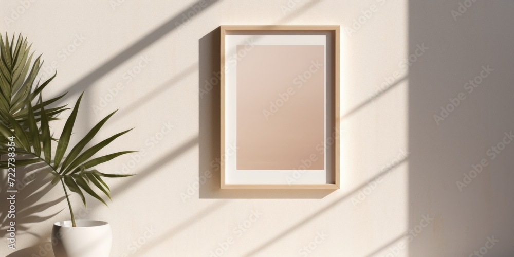 Awaiting your personal touch, a mockup with a wood frame is positioned on an off-white wall, basking in the streaming sunlight while casting a shadow of nearby window frames.