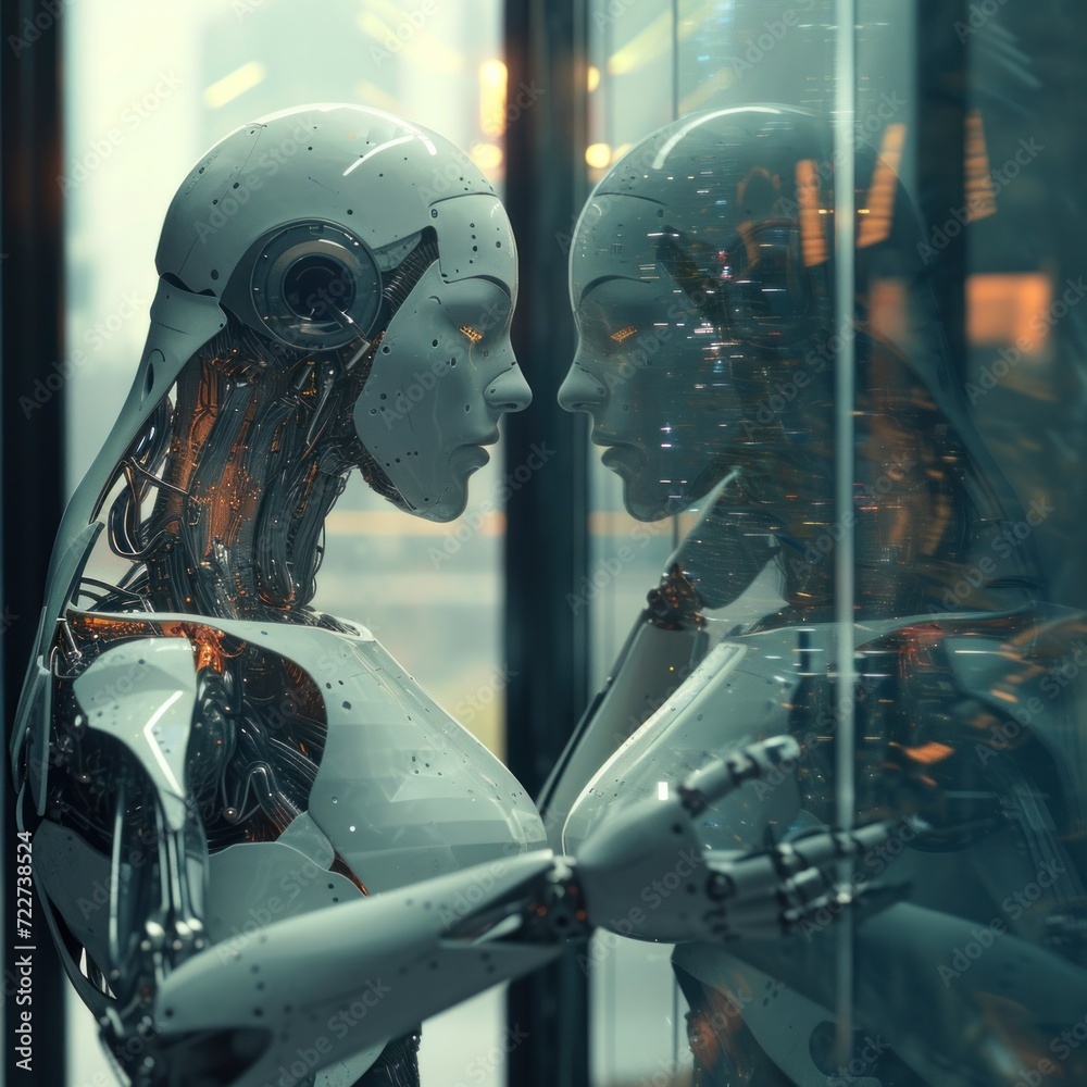 Fototapeta premium Robot AI Artificial Intelligence looks into a mirror and points at its reflection. augmented reality computer