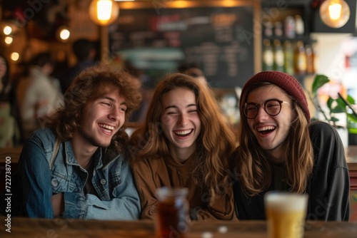 Cheerful young friends having fun in a cafe