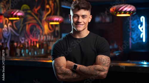 A young tattooed male bartender smiling confidently in a modern urban bar with neon lights.
