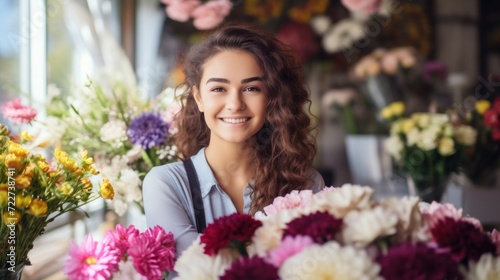 Joyful female florist with a radiant smile surrounded by vibrant fresh cut flowers in a floral shop.