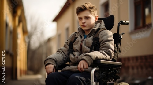 A confident teenager in a wheelchair on a quiet residential road, portraying independence and everyday life challenges.
