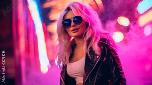 Trendy young woman in sunglasses posing under neon city lights at night.