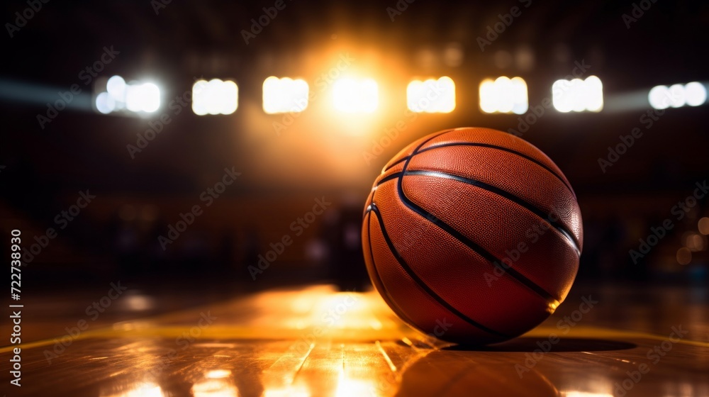 Close-up of a basketball on a glossy court under bright, dramatic arena lights.