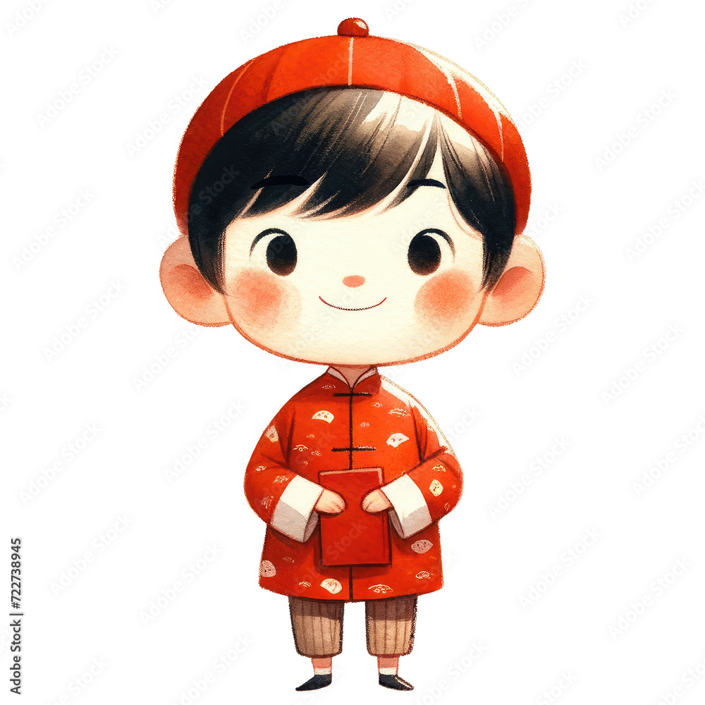 A delightful illustration of a young boy dressed in a traditional red Chinese outfit with intricate patterns, celebrating cultural heritage. A delightful illustration of a young boy dressed in a traditional red Chinese outfit with intricate patterns, celebrating cultural heritage.