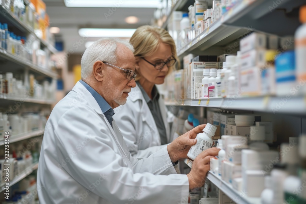 Senior pharmacist works with colleagues to advise on drug selection in the pharmacy. Senior pharmacist works with colleagues to advise on drug selection in the pharmacy.